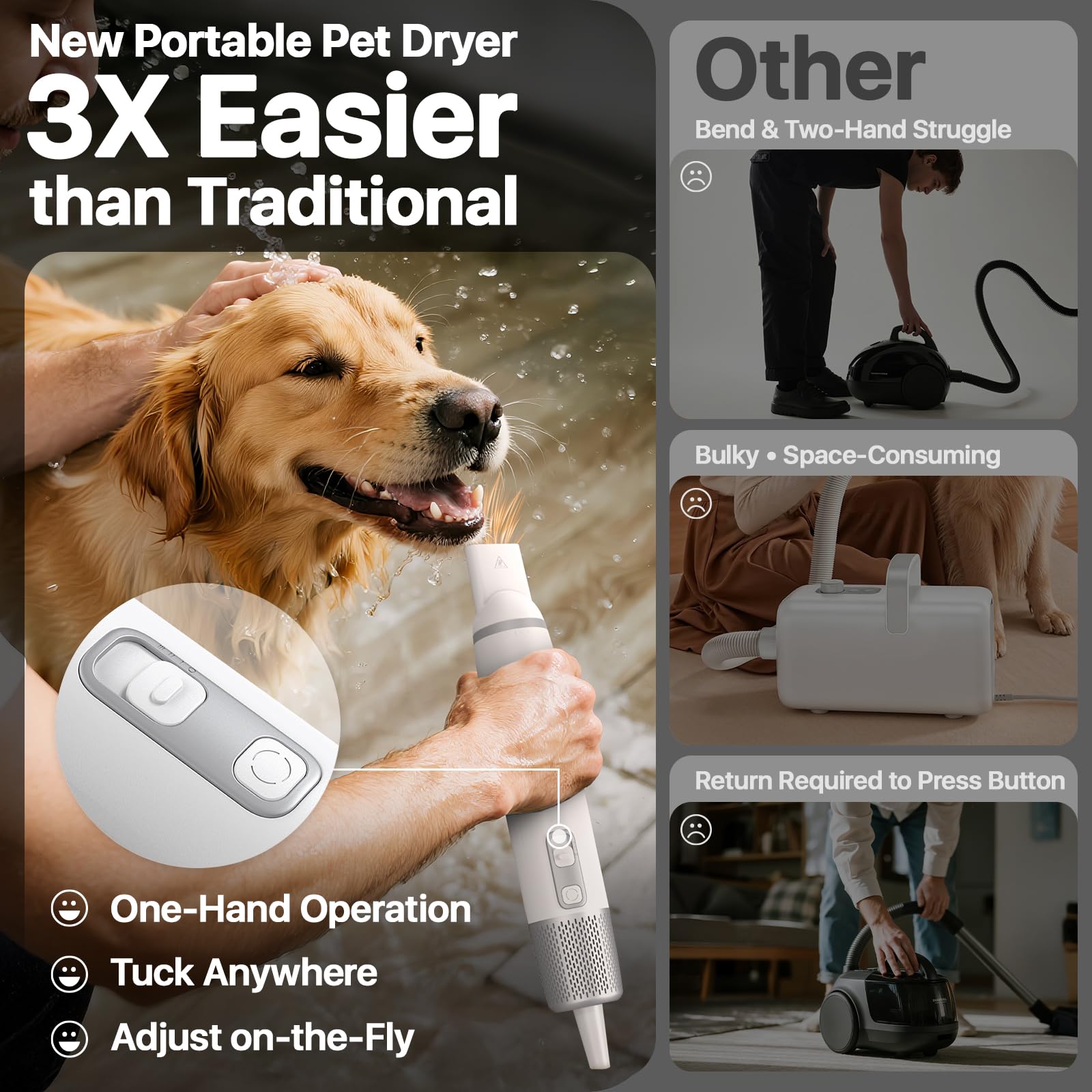 Buenkee dog dryer handheld high velocity air powers fast moisture removal