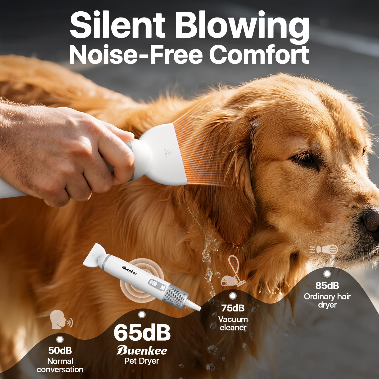 Buenkee dog dryer handheld quiet operation reduces pet stress during drying