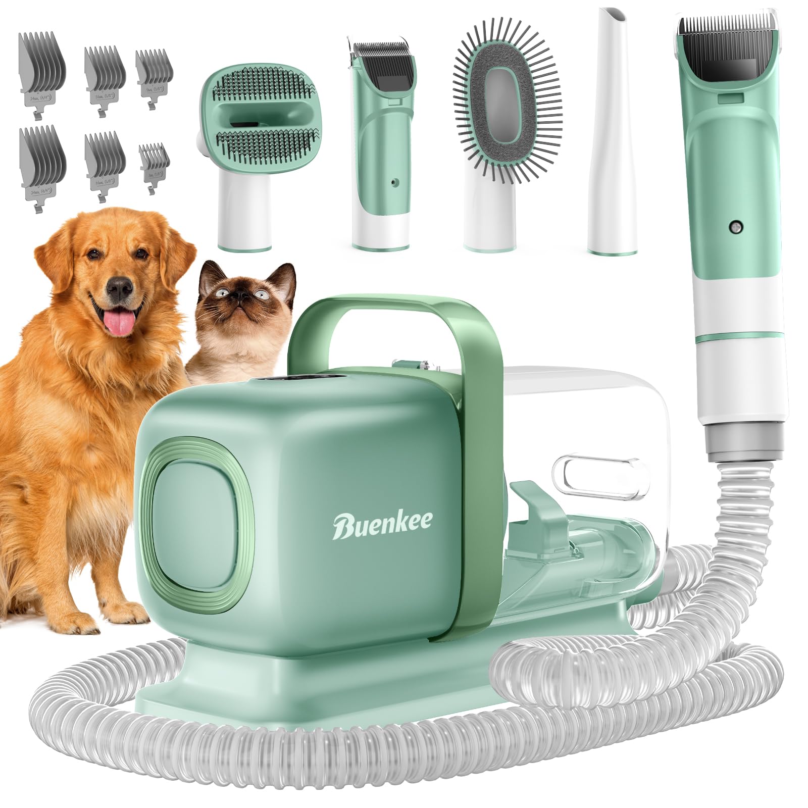 Buenkee dog grooming kit vacuum-clipper captures fur during trimming for mess-free grooming.
