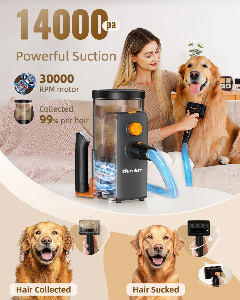 Buenkee dog grooming vacuum clipper battery life offers over 60 minutes of use.