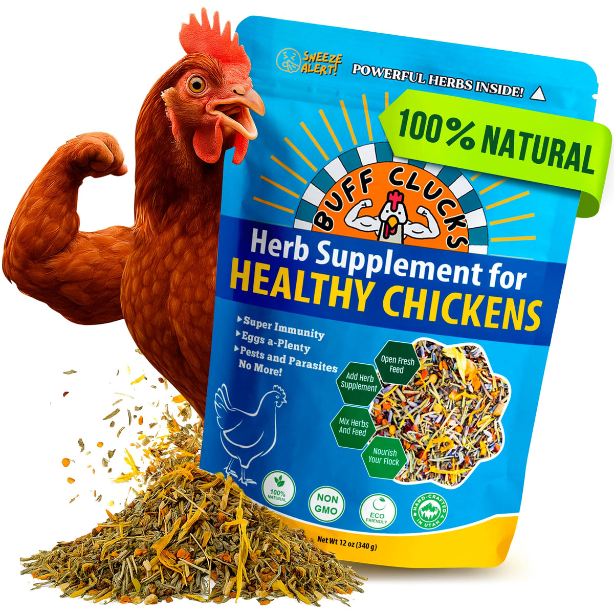 Buff Clucks herb supplement packaging, 12 oz pouch for backyard coops.