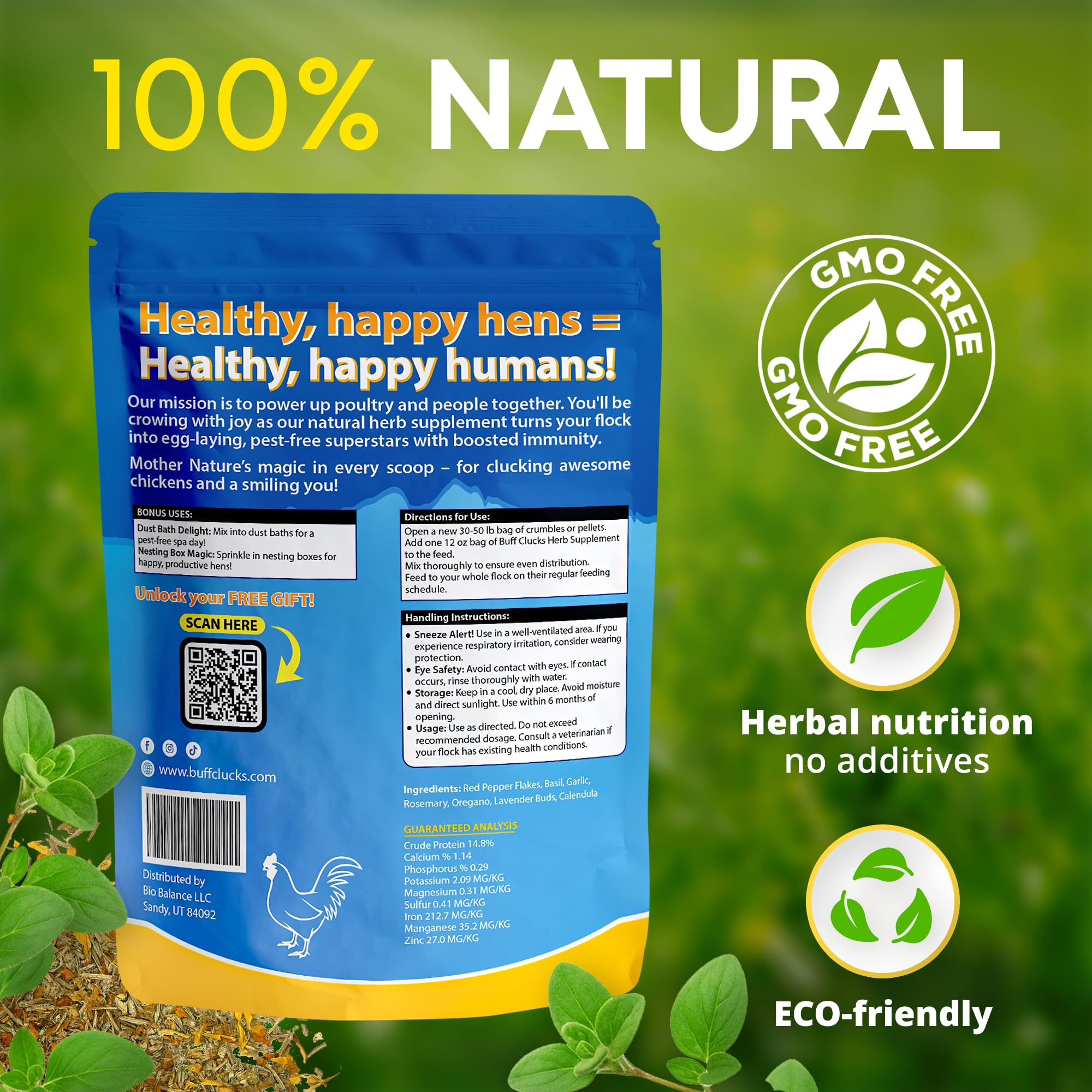 Buff Clucks herb treat being sprinkled into feed, showing convenient daily use.