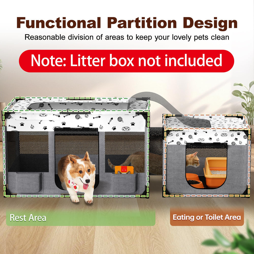 BUFOR Portable Cat Playpen interior space with two zones for feeding.