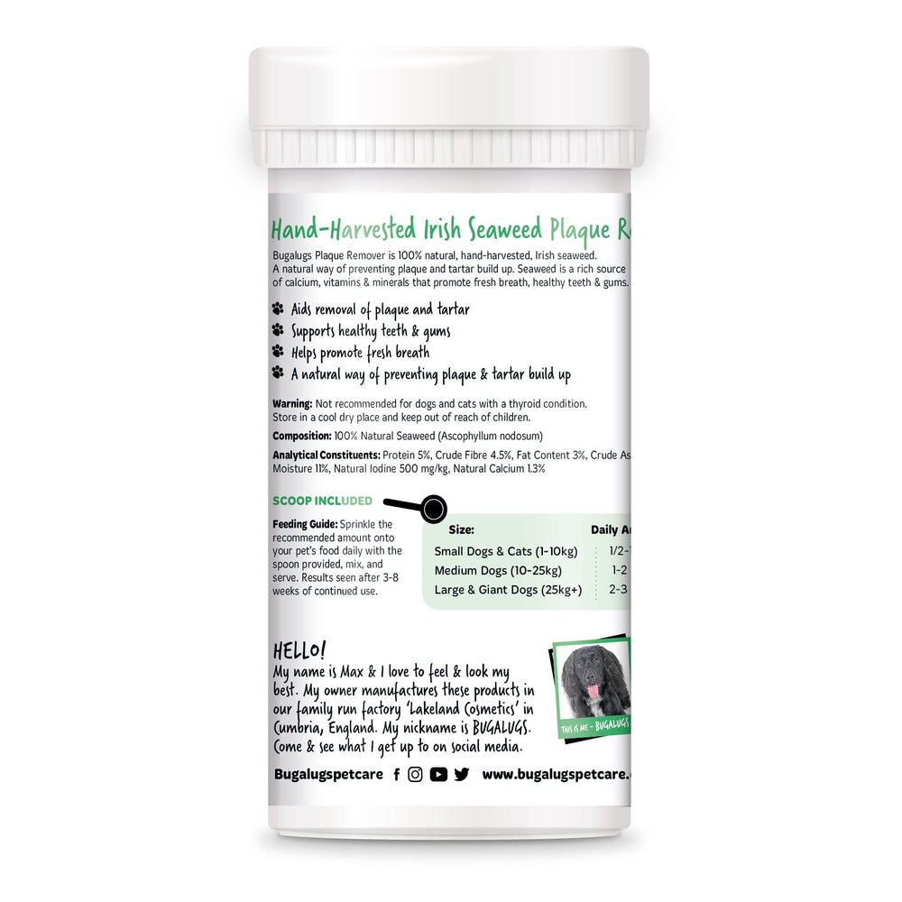 BUGALUGS Plaque Remover dry powder scoop shows quick, mess-free dosing for pets