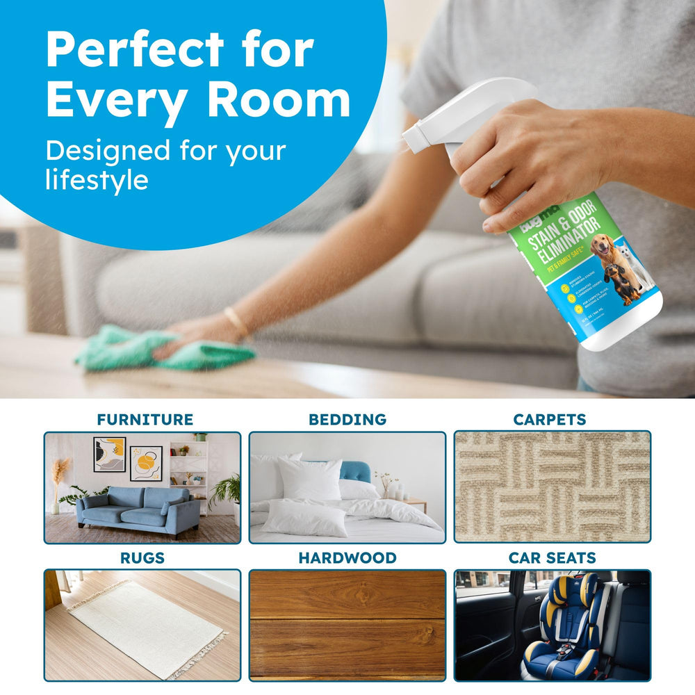 BugMD ready-to-use spray simplifies cleanups by spraying, waiting, and blotting.