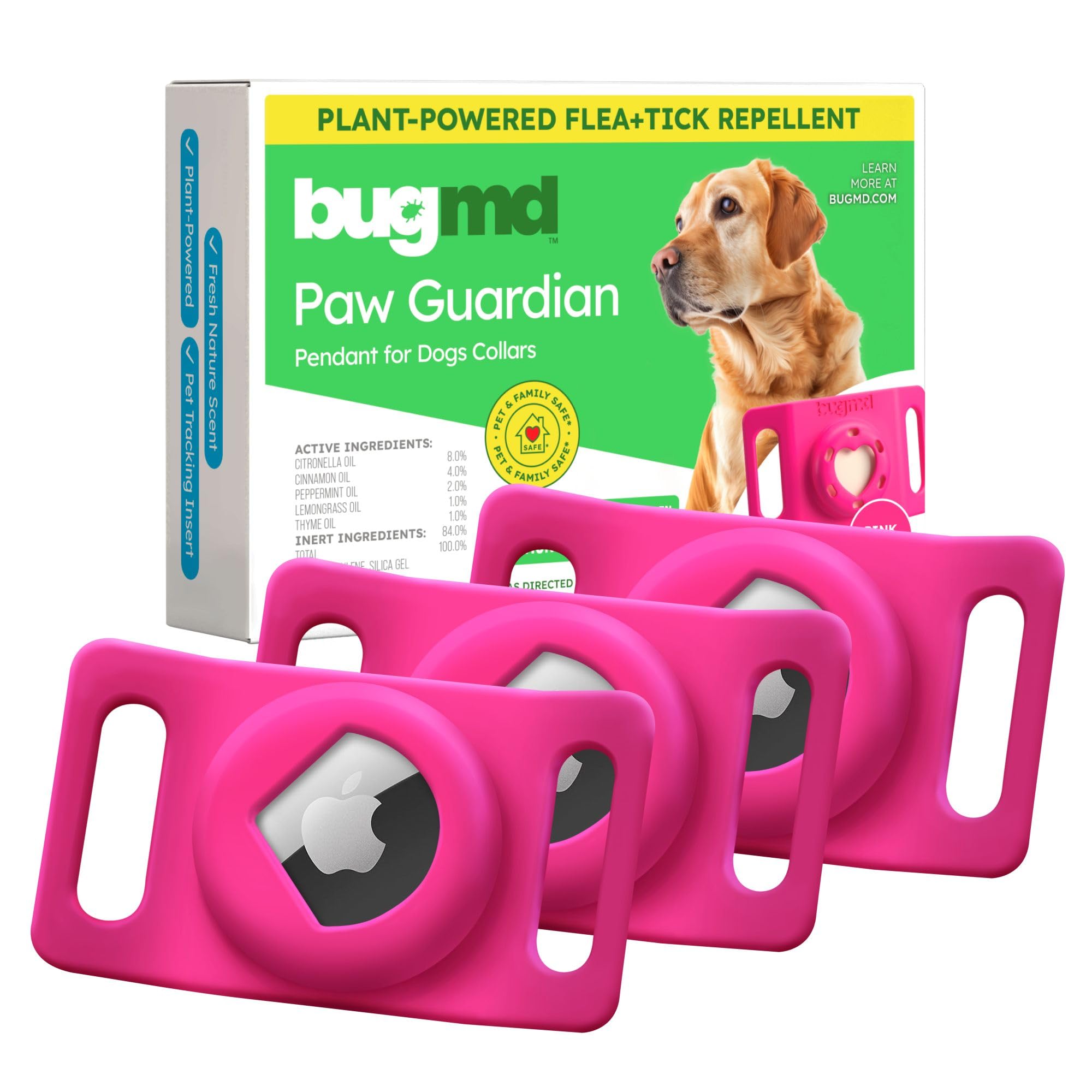 BugMD Paw Guardian pink pendant close-up, plant-powered flea & tick protection