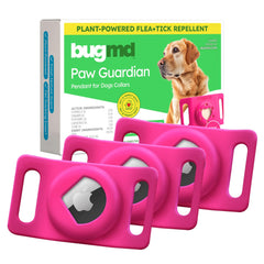 BugMD Paw Guardian pink pendant close-up, plant-powered flea & tick protection