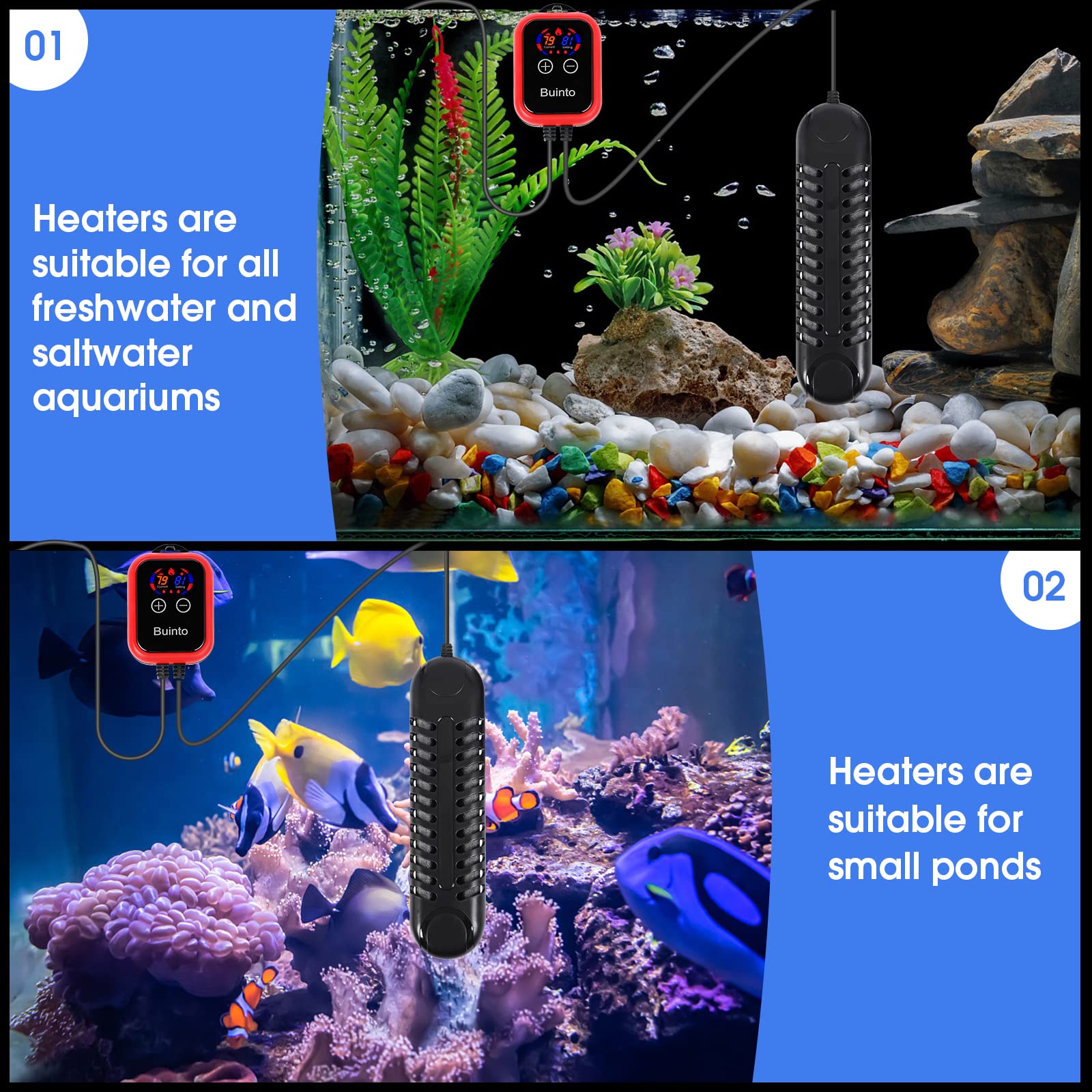 Buinto fish tank heater digital display shows precise temperature control.