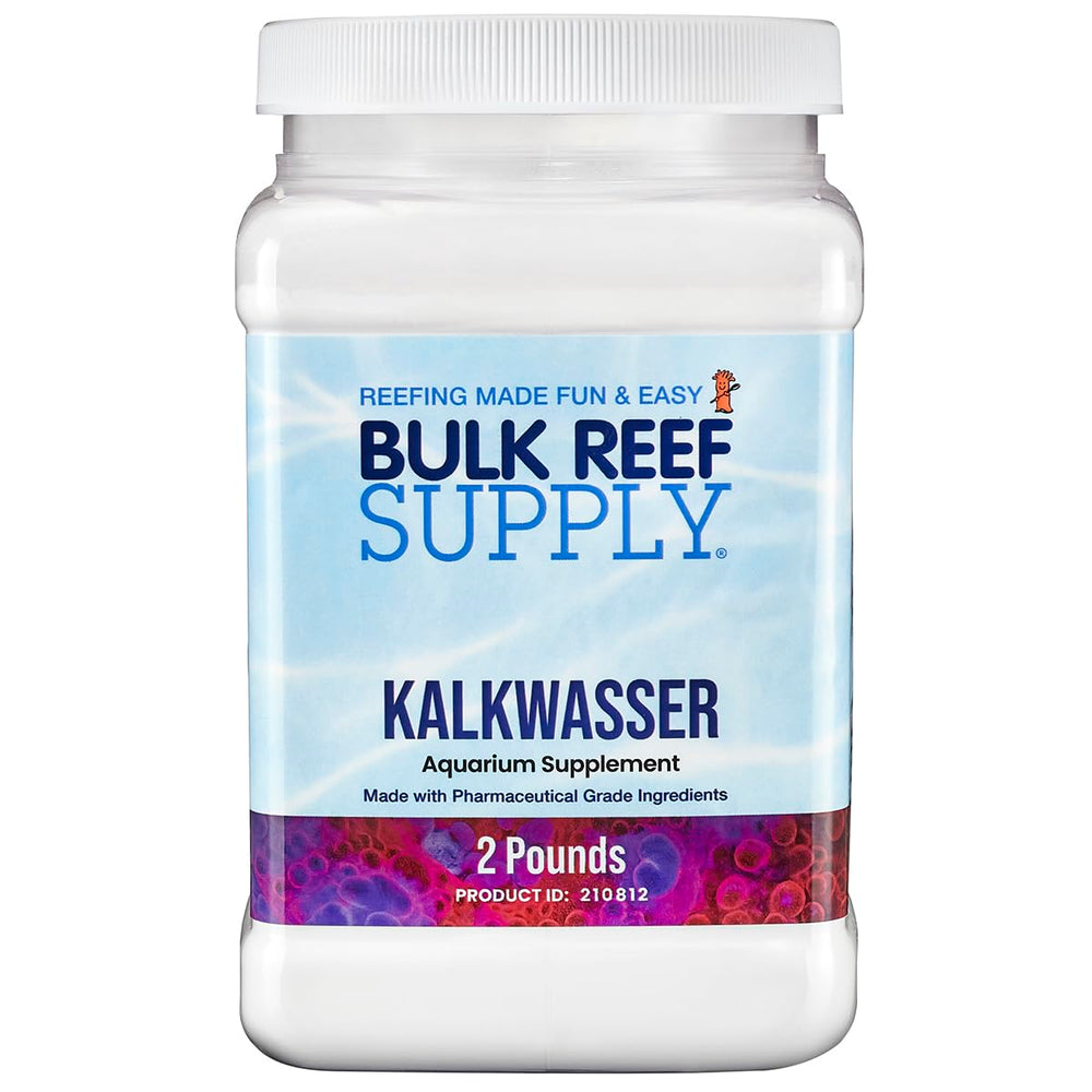 Bulk Reef Supply Kalkwasser bottle on display for easy reef calcium and alkalinity support.