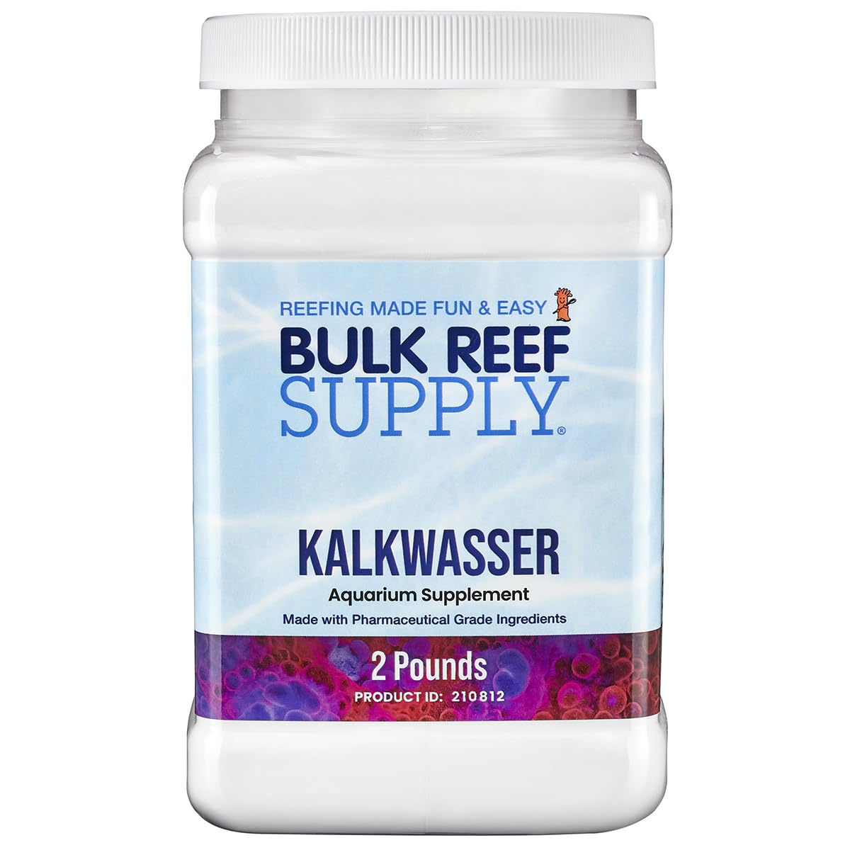 Bulk Reef Supply Kalkwasser bottle on display for easy reef calcium and alkalinity support.