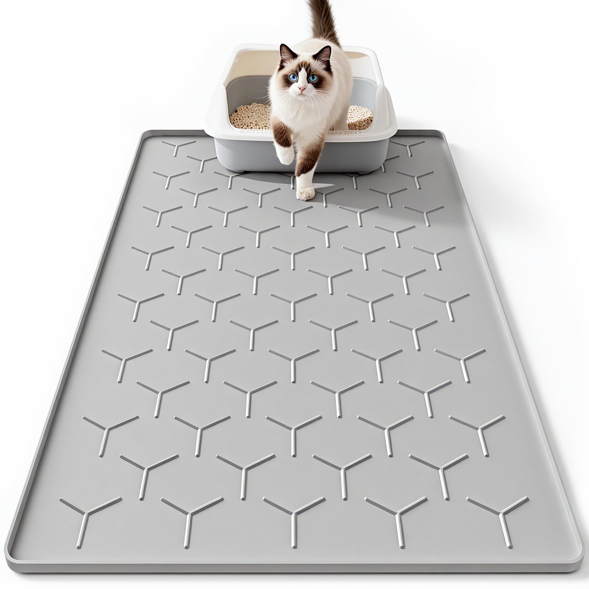 Bulkniu silicone cat litter mat close-up shows raised edge traps litter and protects floors