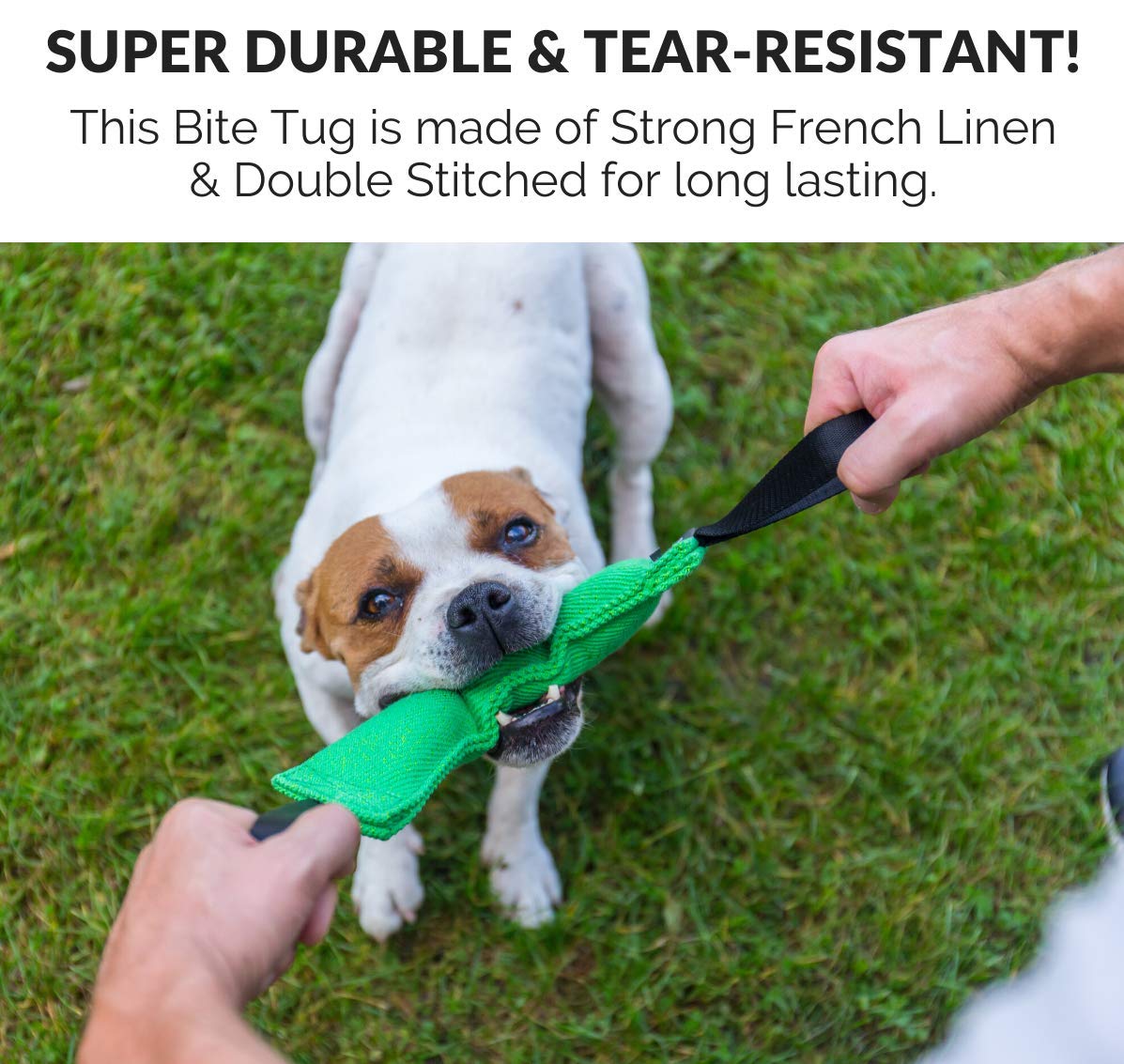 Bull Fit K9 tug toy French linen material lightweight and safe for teeth.