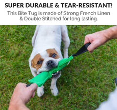 Bull Fit K9 tug toy French linen material lightweight and safe for teeth.