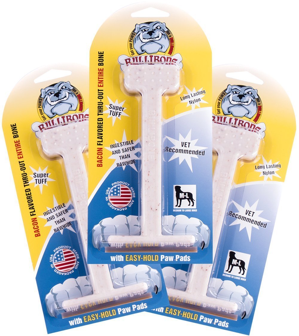 Bullibone bacon-flavored nylon bone chew demonstrates durability for aggressive chewers