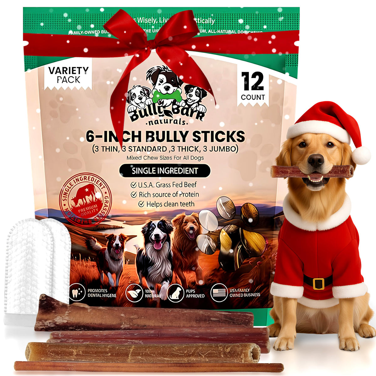 Bully Bark Naturals 12-count variety-pack on display highlights long-lasting, natural beef chews.
