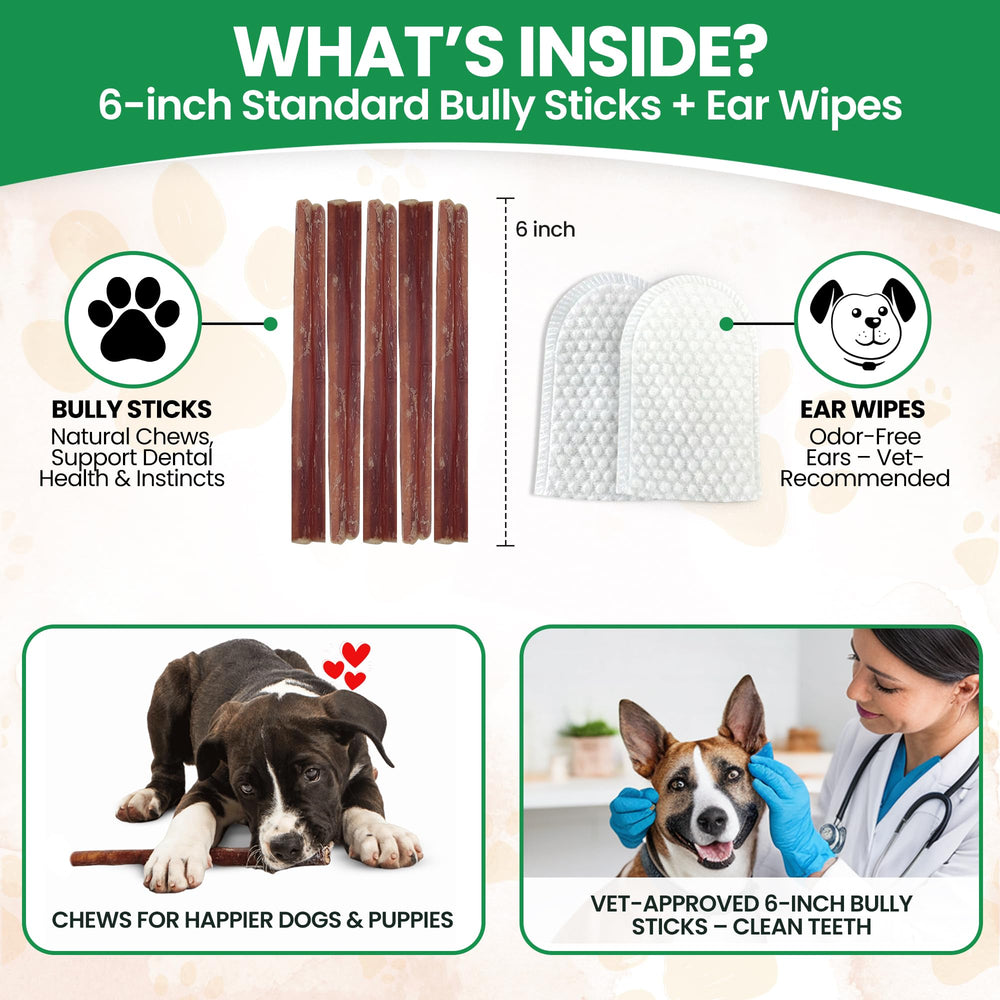 Bully Bark Naturals standard 6in bully sticks pack 2 — protein-rich, fully digestible dog chew