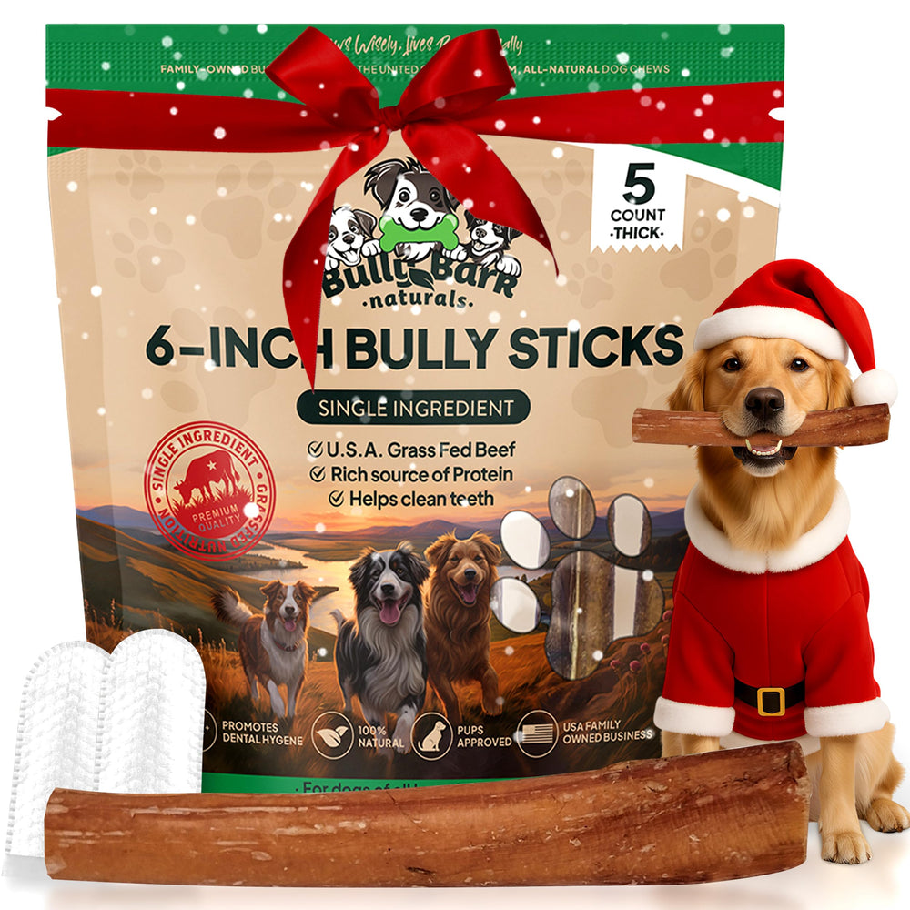 Bully Bark Naturals thick 6in bully-stick packaging shows long-lasting chew appeal for dogs.