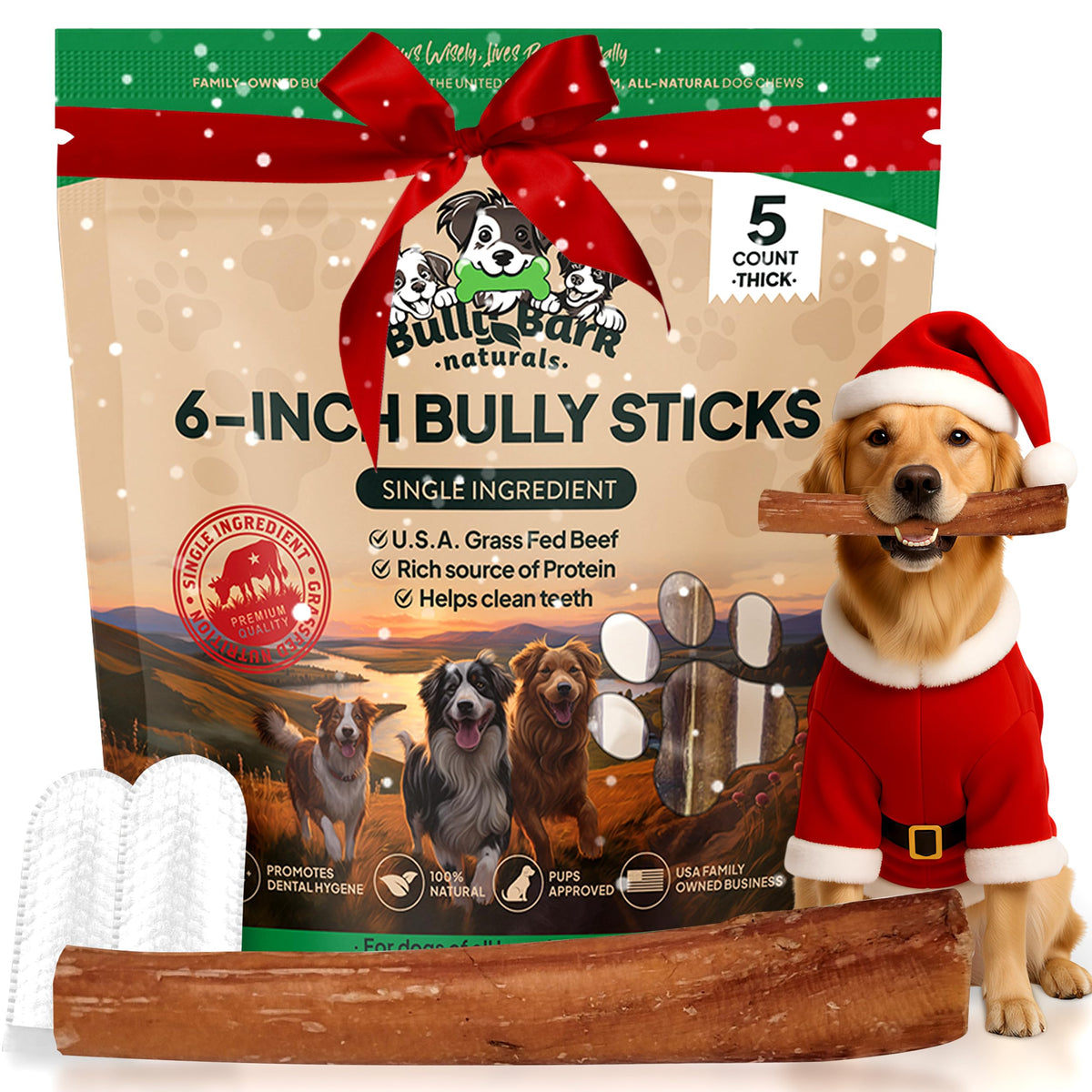 Bully Bark Naturals thick 6in bully-stick packaging shows long-lasting chew appeal for dogs.