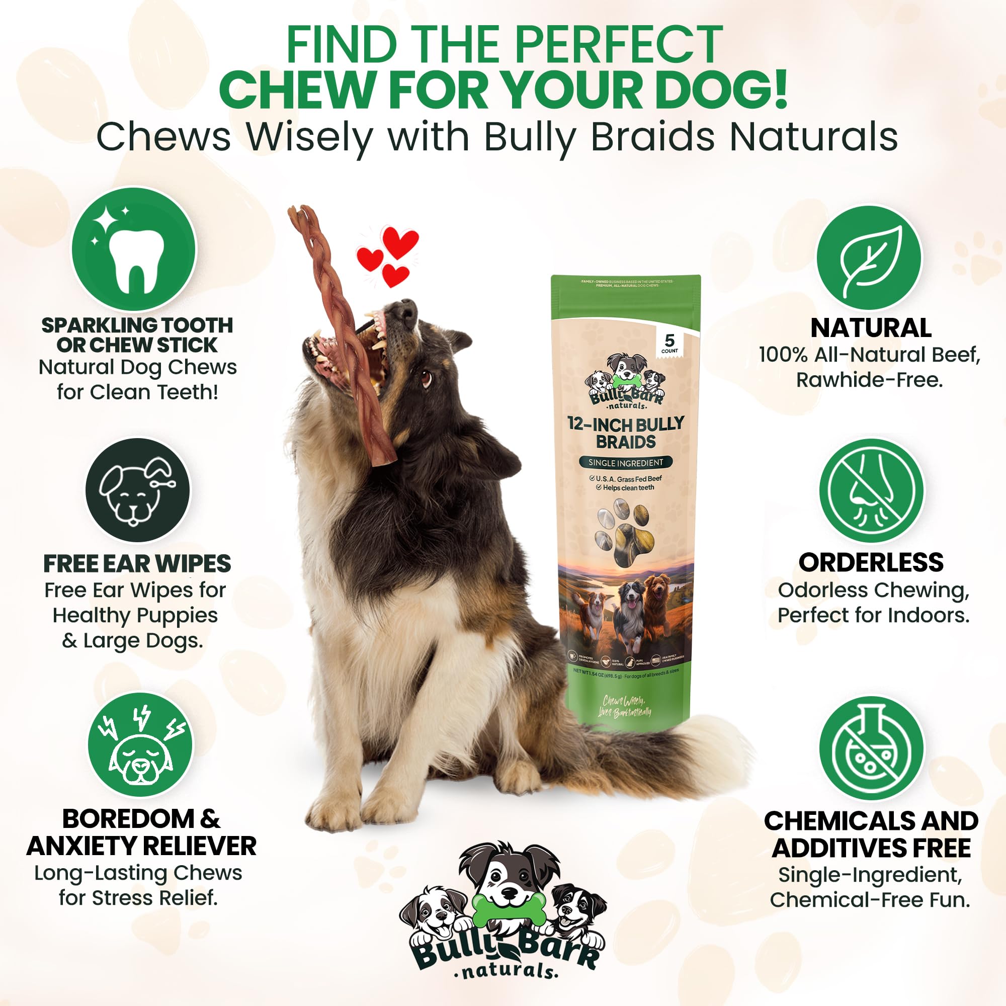 Bully Bark Naturals three-pack braided bully sticks for medium and large breeds