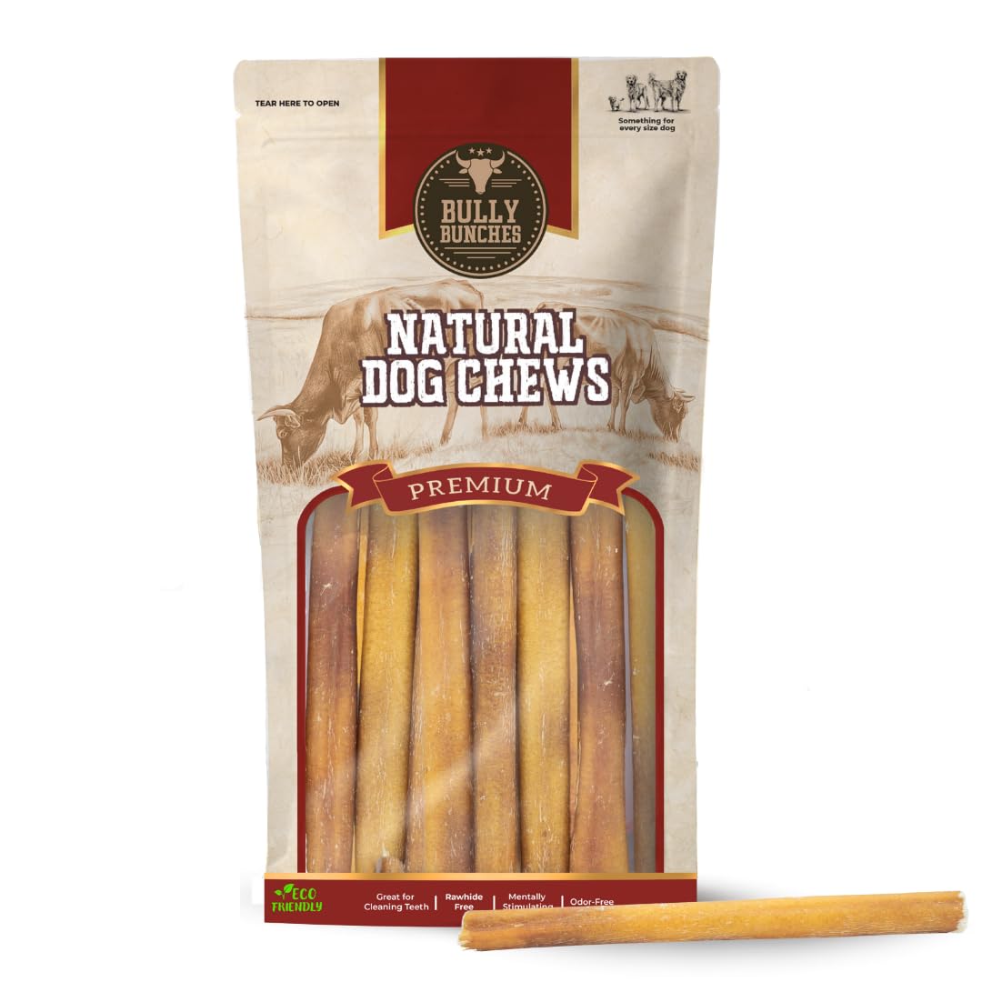 Bully Bunches 6-inch odor-free bully stick for small dogs, supports dental hygiene.