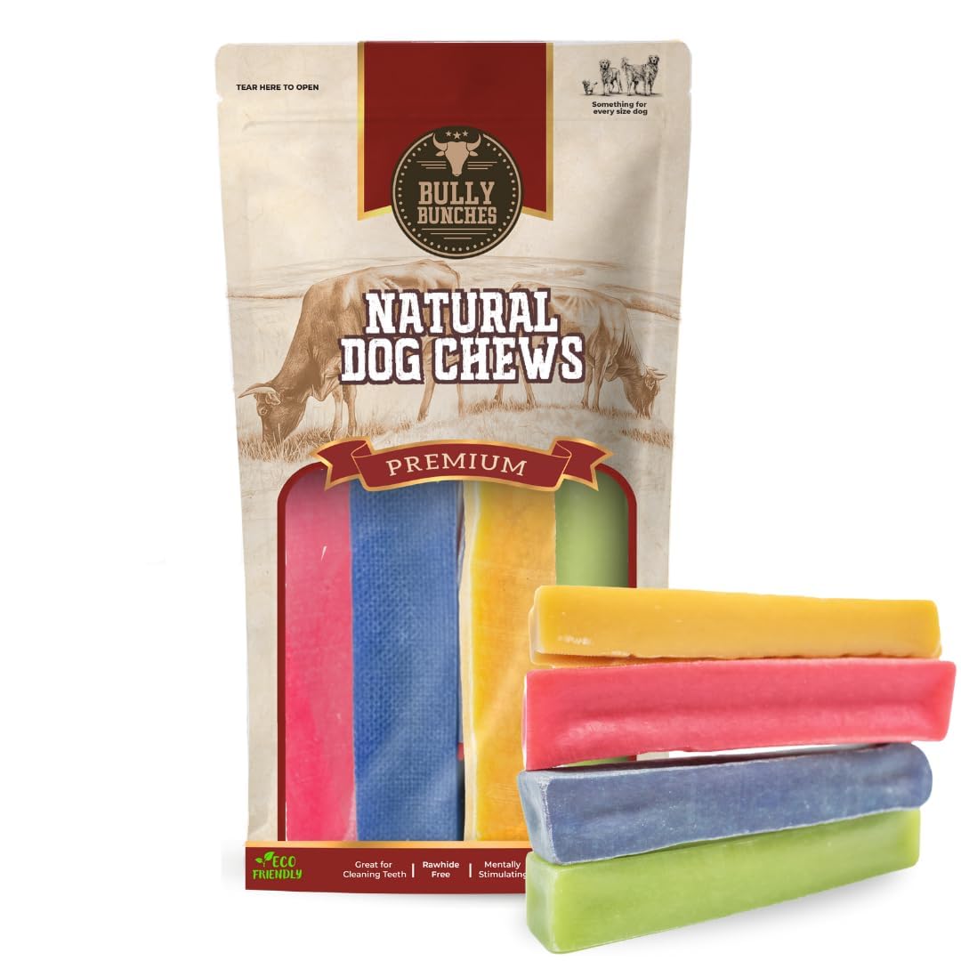 Bully Bunches yak chew medium packaging shows all-natural, long-lasting dog treats.