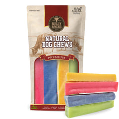 Bully Bunches yak chew medium packaging shows all-natural, long-lasting dog treats.