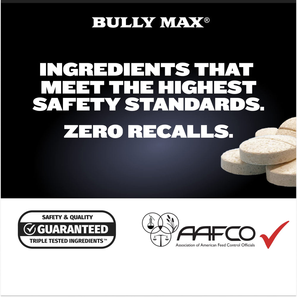 A dog enjoying Bully Max chews, illustrating easy administration and flavor appeal.