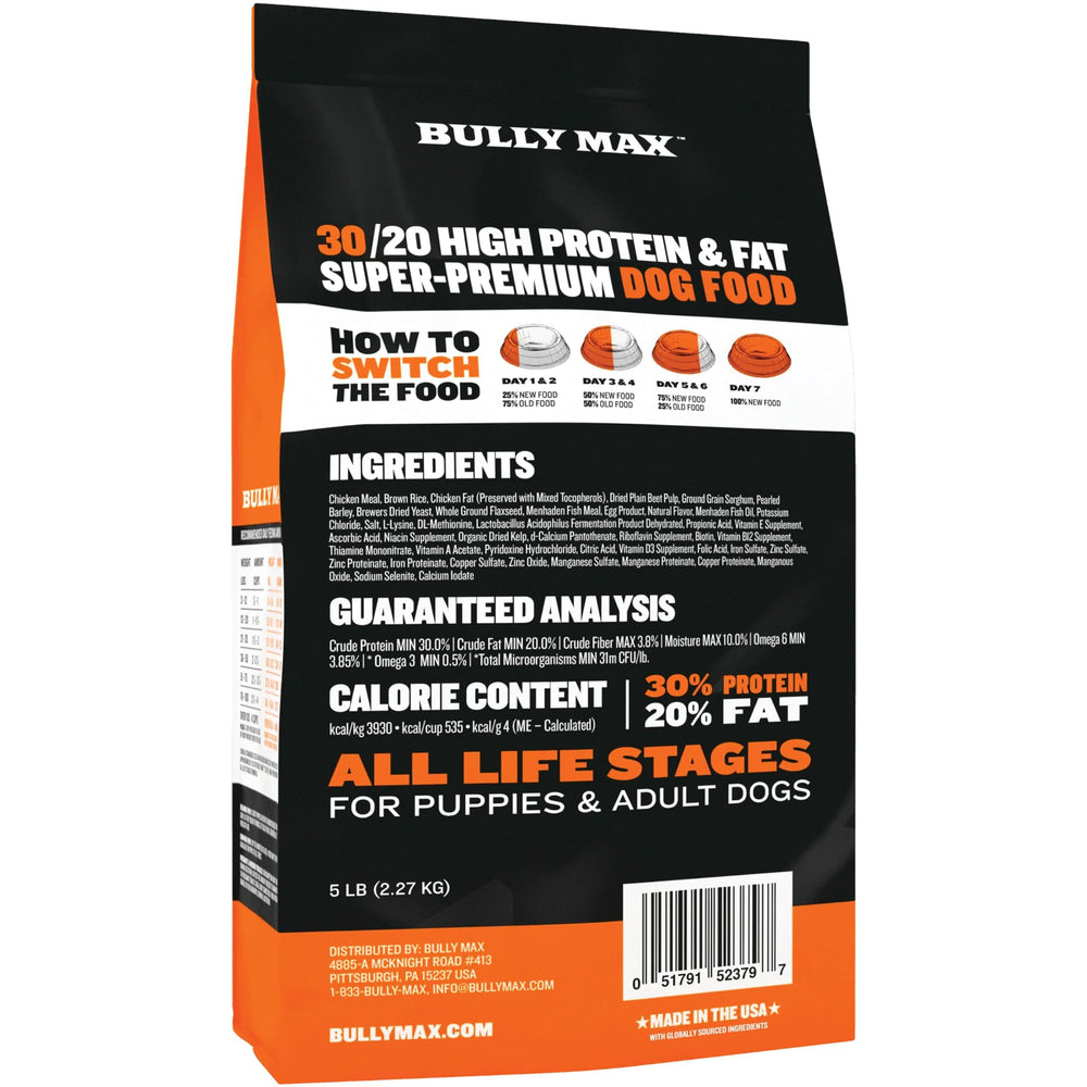 Bully Max dry dog food bag-open serving-size graphic shows efficient feeding.