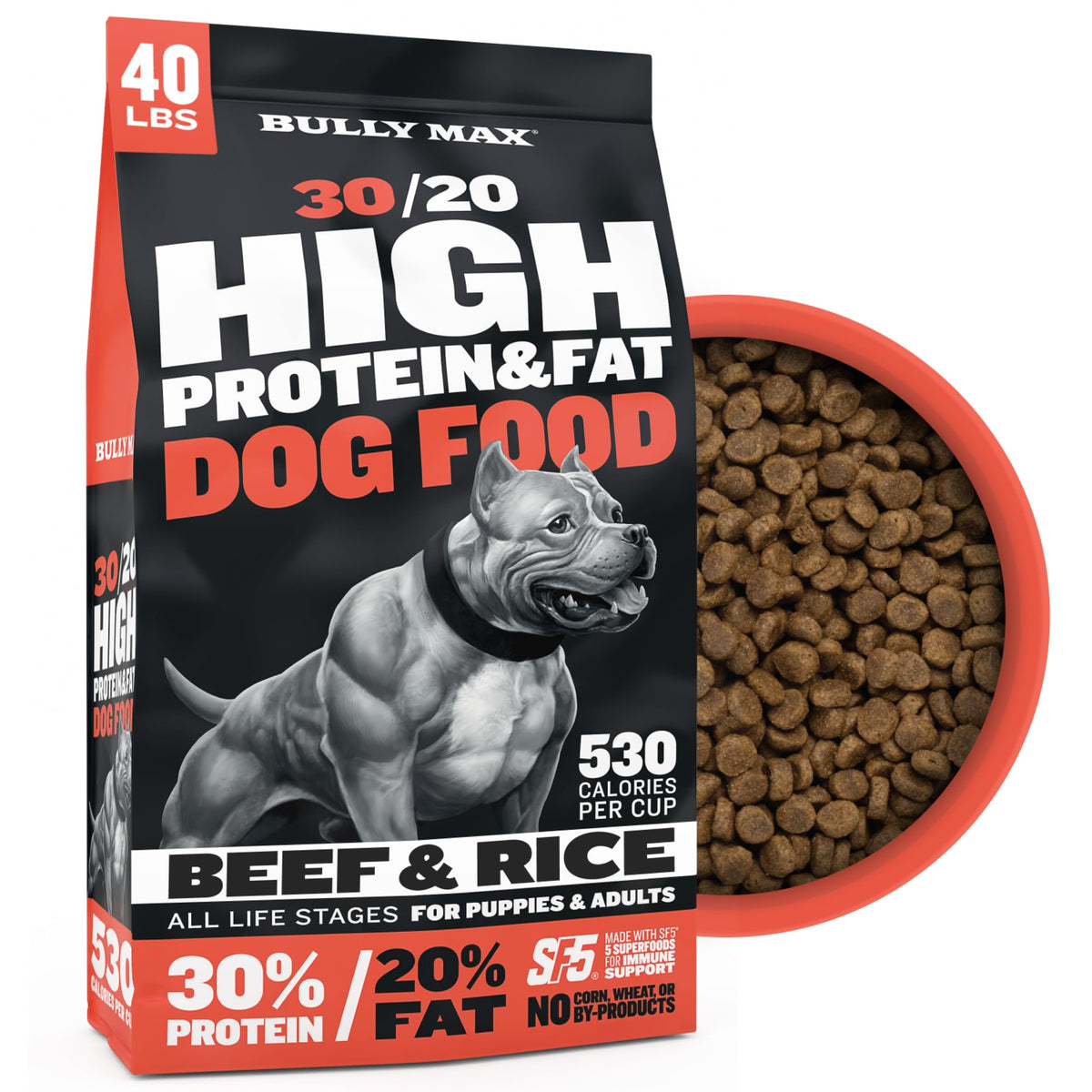Bully Max dry dog food beef bag with 530 calories per cup supports muscle and energy.