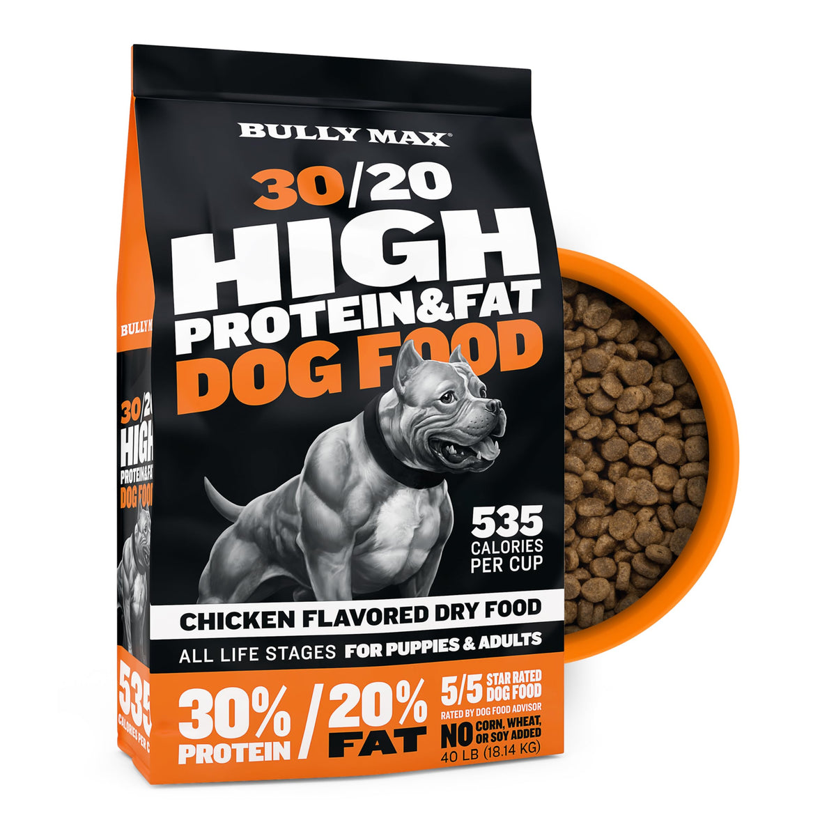 Bully Max Dry Dog Food cup calories 535 energy and muscle support.