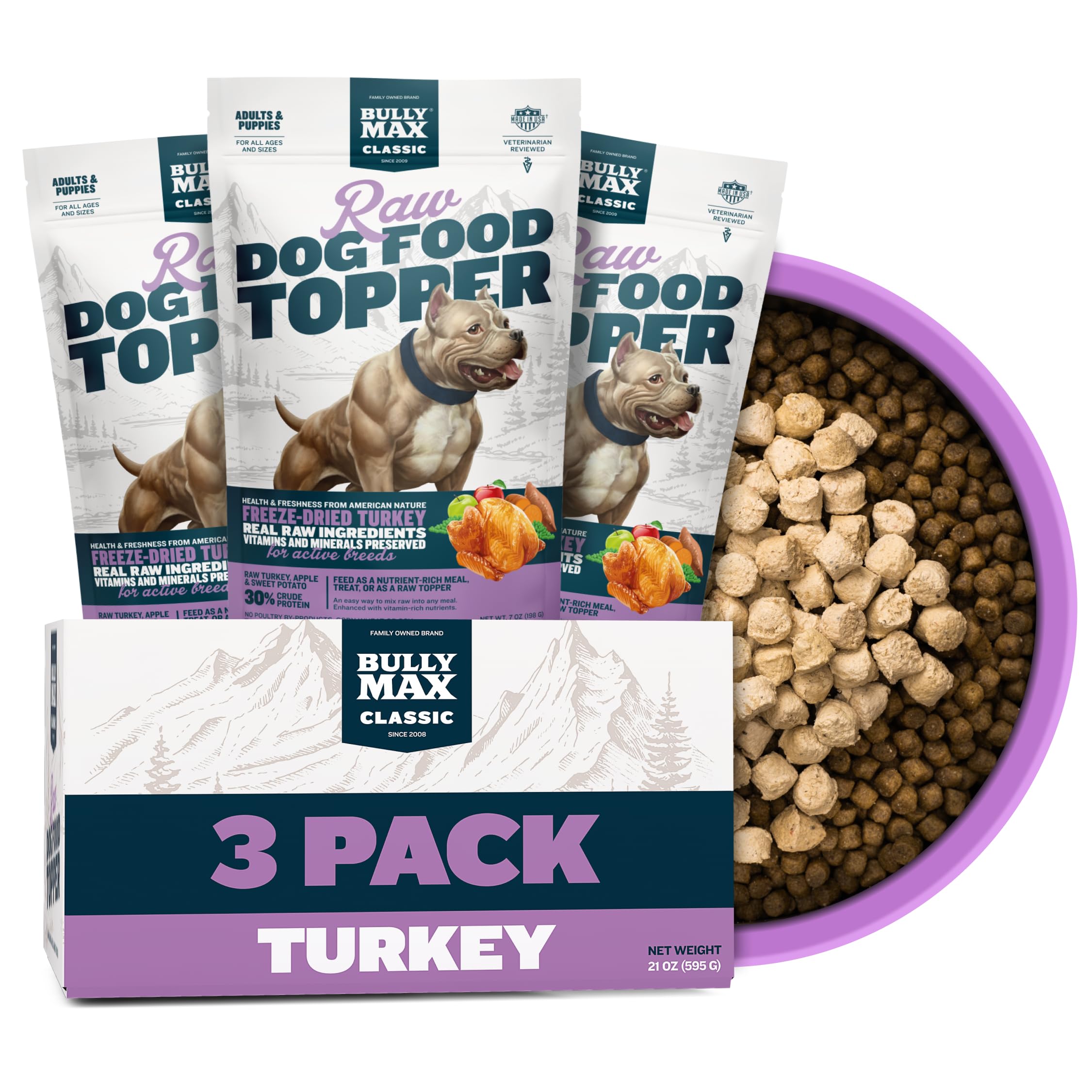 bully max freeze-dried turkey toppers 3-pack packshot shows convenient nutrition boost for dogs