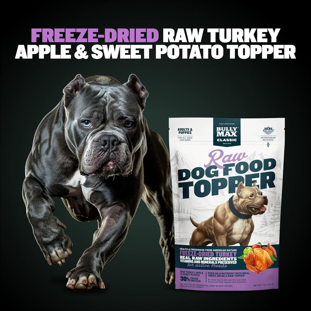 bully max freeze-dried turkey toppers turkey chunks closeup highlights premium protein for lean muscles