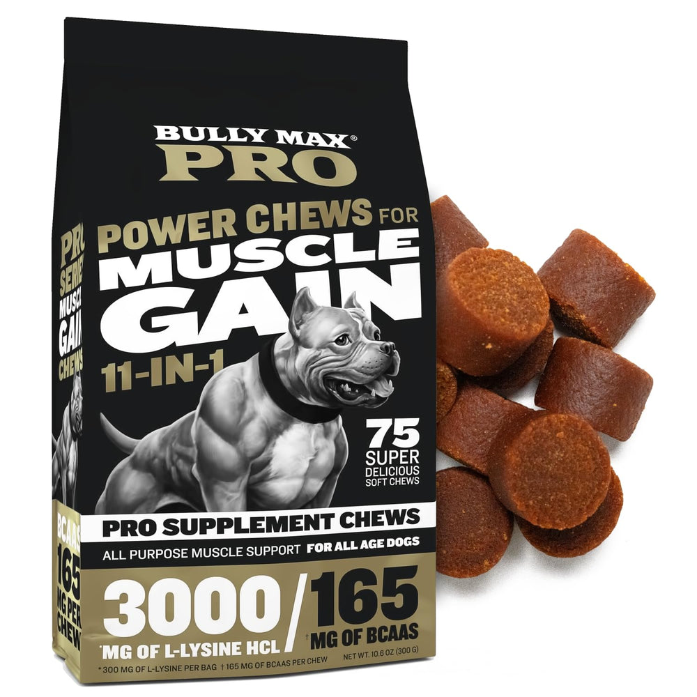 Bully Max muscle gain bag closeup illustrates premium protein supporting lean muscle for growing dogs.