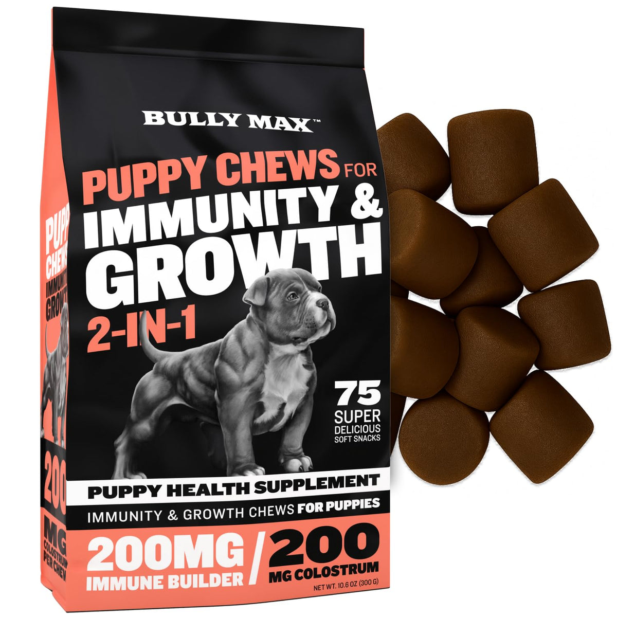 Bully Max packaging shows 2-in-1 puppy chews for growth and immunity.