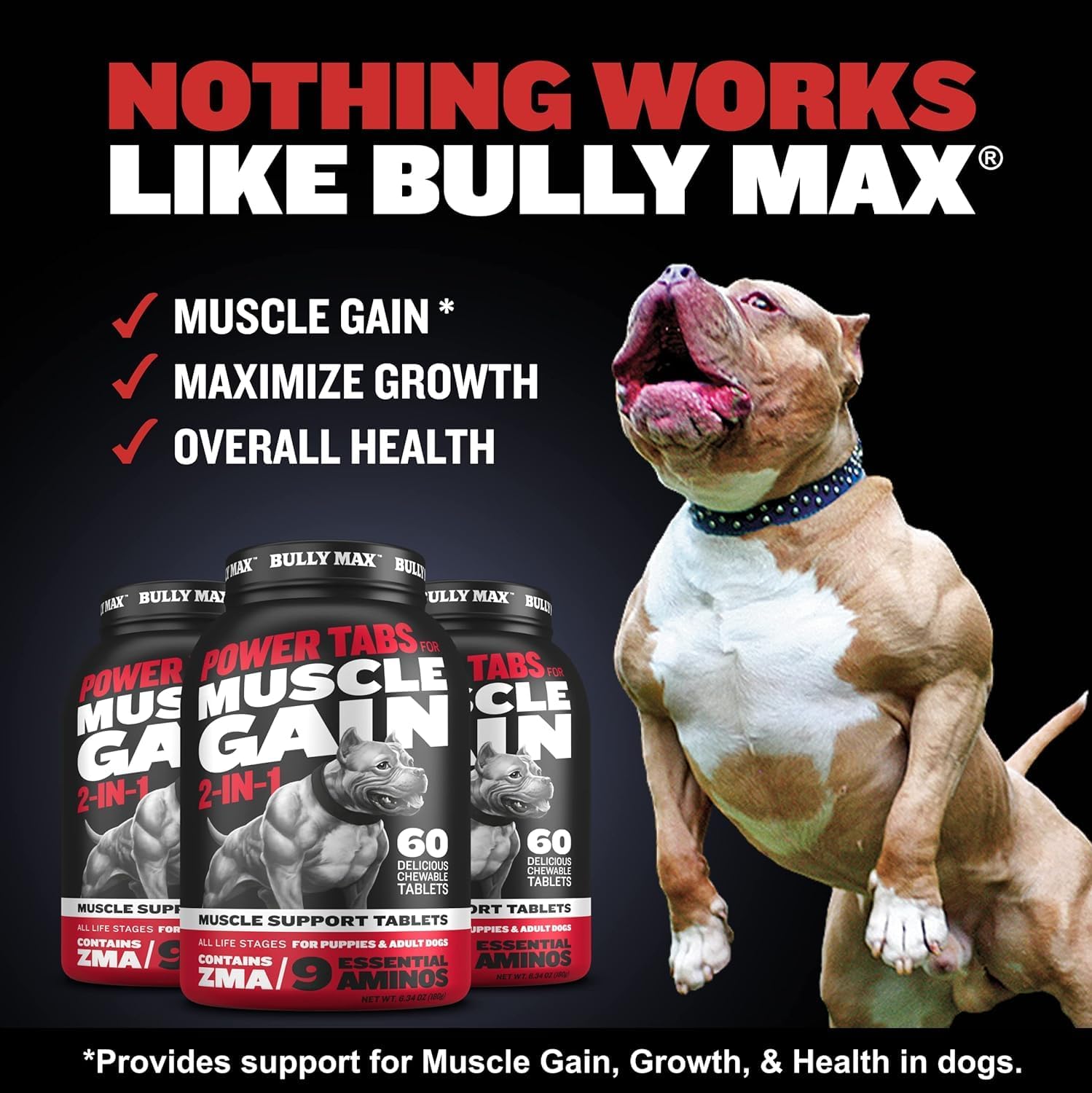 Bully Max Power Tabs chew closeup highlights tasty tablets supporting lean muscle growth.