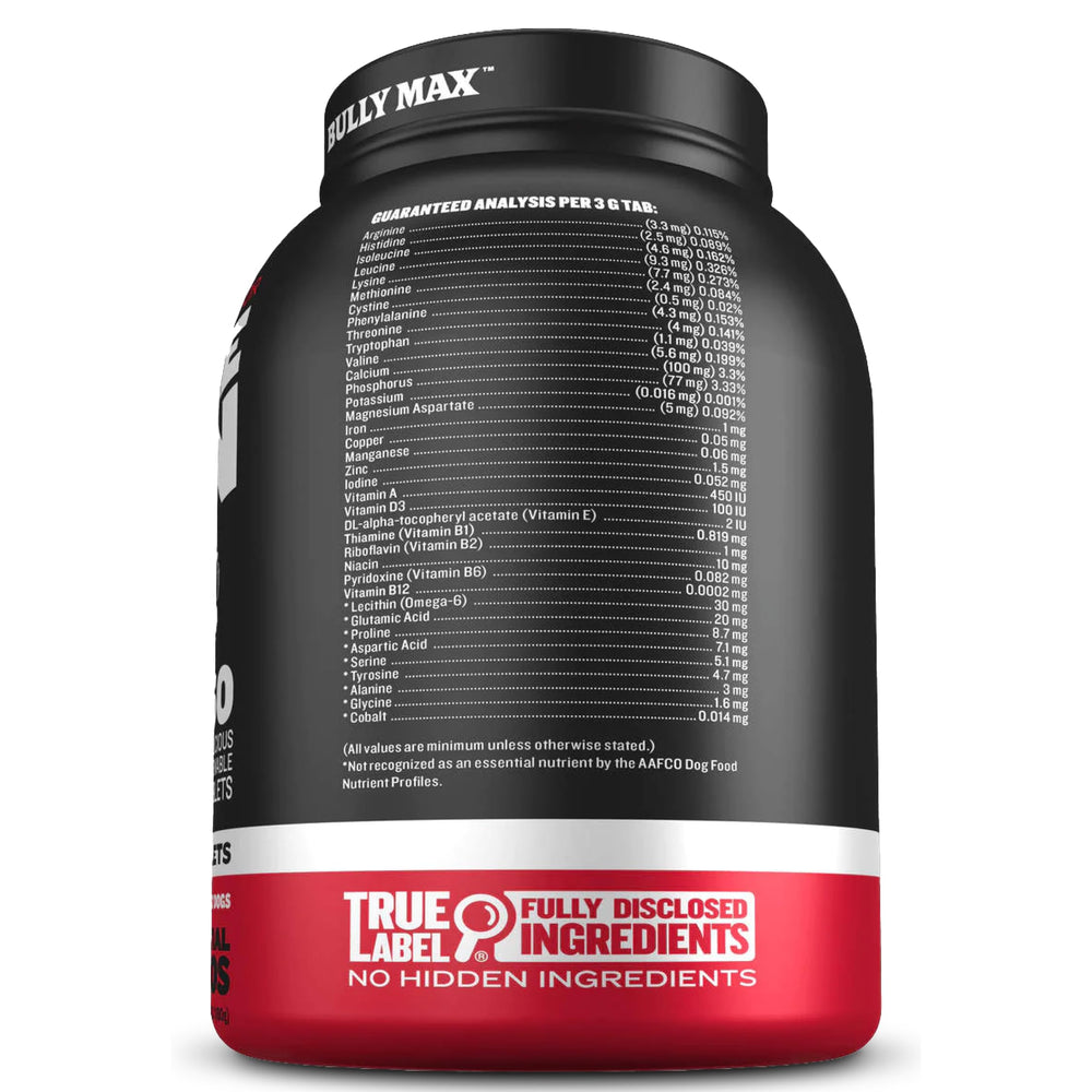 Bully Max Power Tabs dog bowl scene suggests daily supplementation for healthy growth and energy.