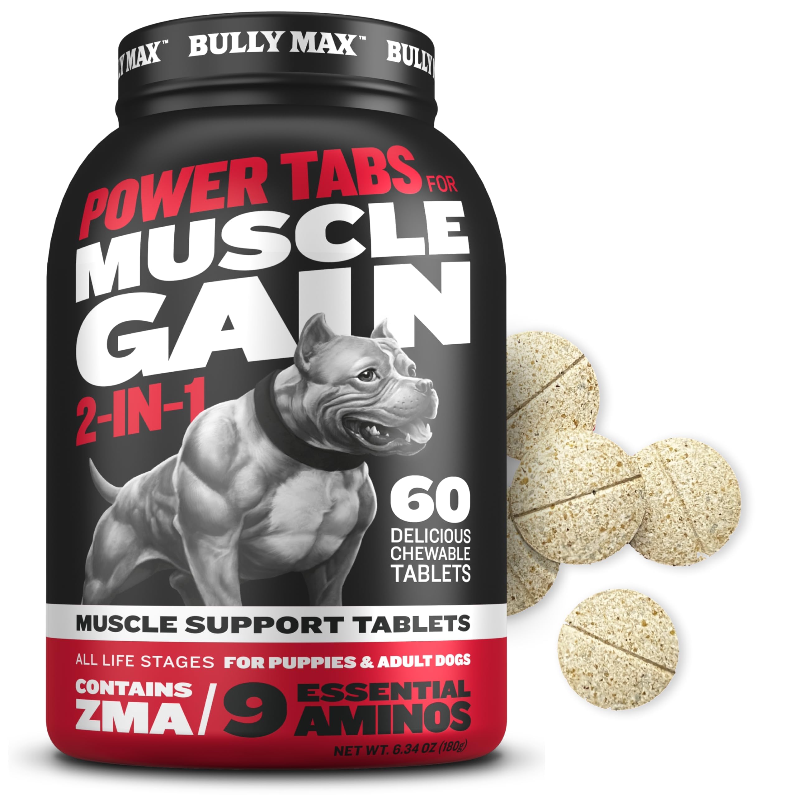 Bully Max Power Tabs packaging shows a dog vitamin bundle for muscle support and overall wellness.
