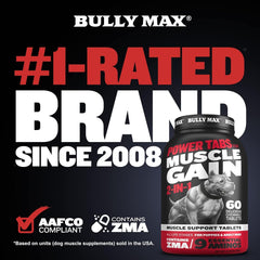 Bully Max Power Tabs puppy chew shows small dogs benefiting from muscle-friendly nutrition.