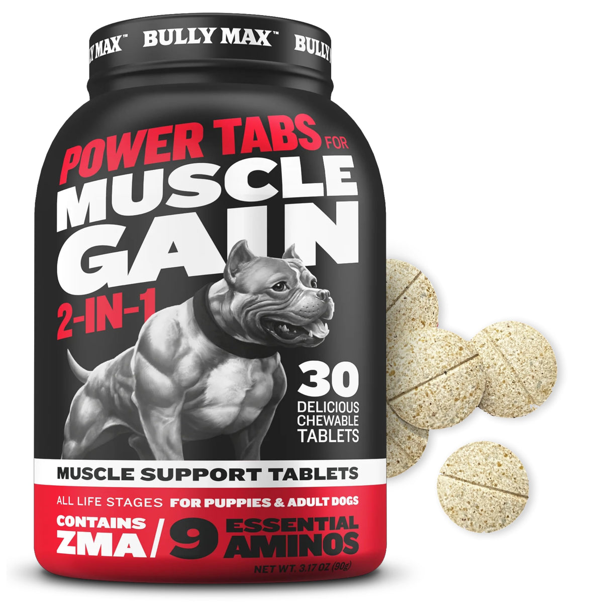 Bully Max Power Tabs close-up on tablets for muscle-building support in dogs.