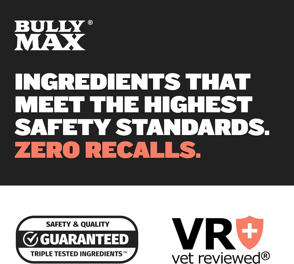 Bully Max puppy vitamins ingredients label close-up with natural nutrients.