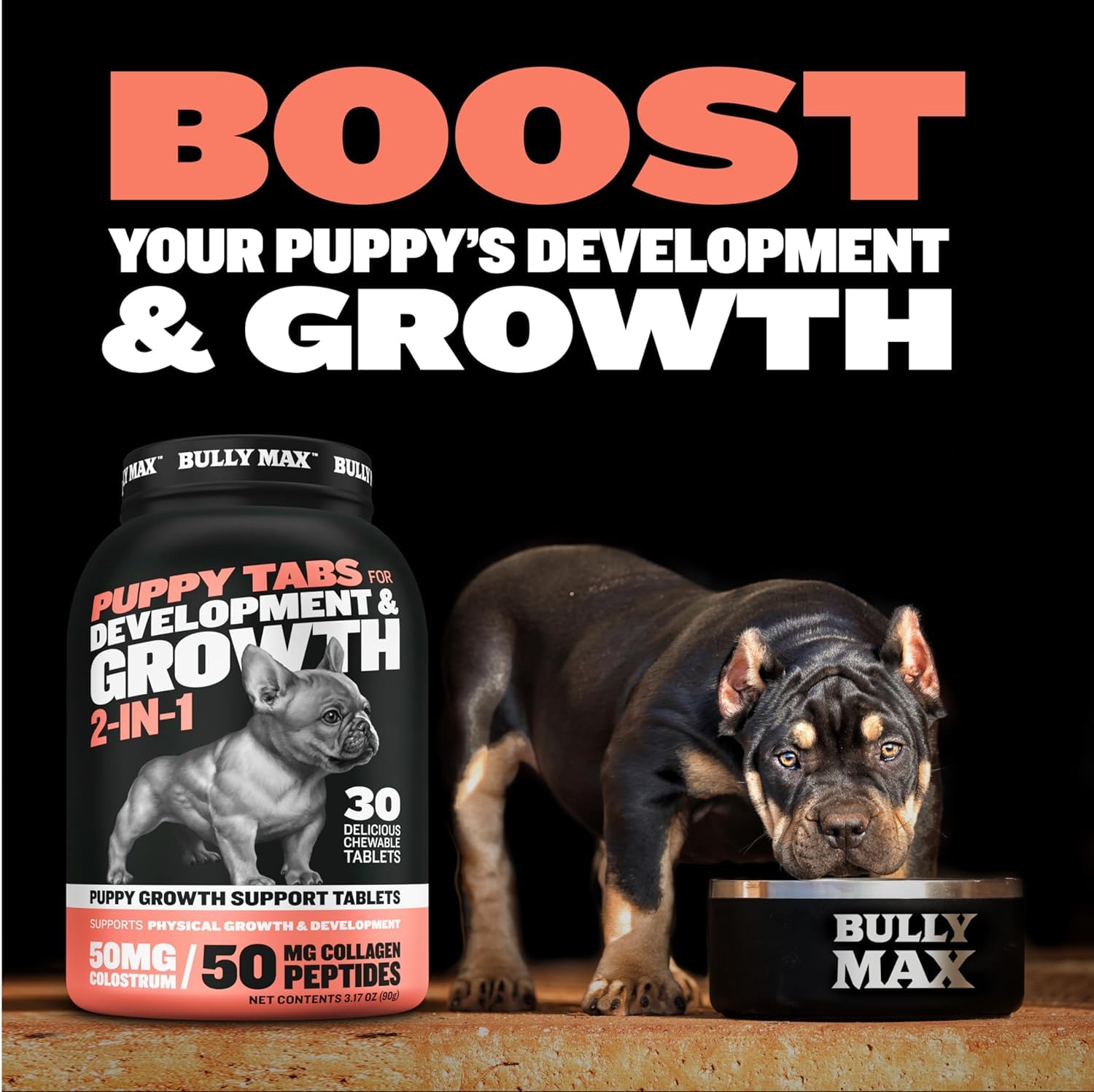Bully Max puppy vitamins tablet close-up showing textured chewables for daily use.