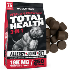 Bully Max Total Health chews pack front showing 75 soft treats for overall vitality.