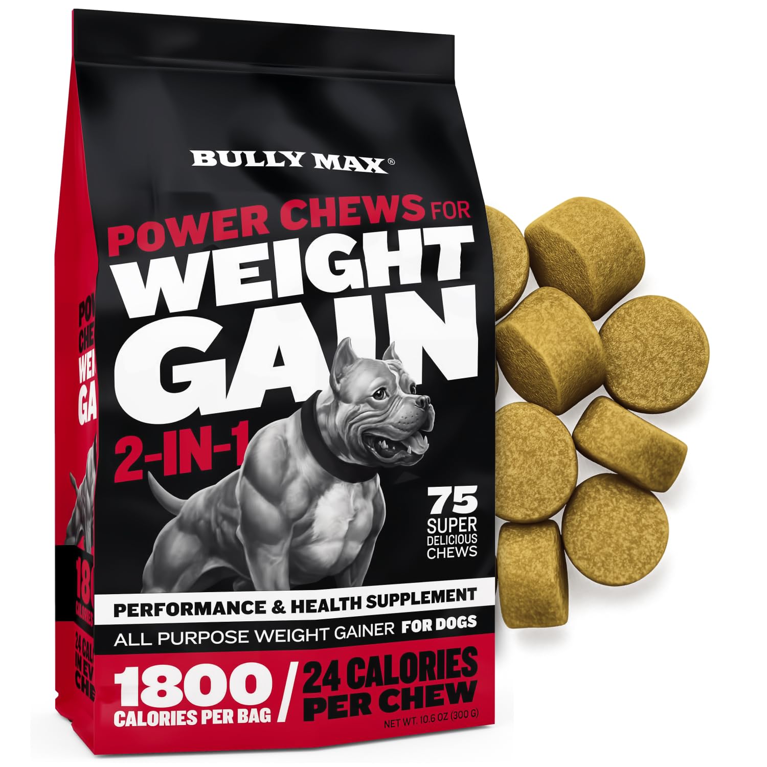 Bully Max Weight Gainer chews bag front showing high calorie formula supporting energy and growth