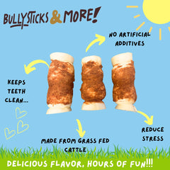 BULLYSTICKS & MORE beef cheek rolls chicken-wrapped—tasty, high-protein chew for active dogs.