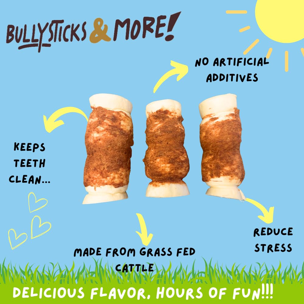 Bullysticks & More beef cheek rolls close-up ingredients, single-ingredient treat supporting lean protein choices.
