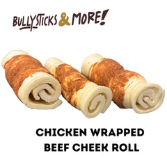 BULLYSTICKS & MORE beef cheek rolls sliced inside—premium protein-rich treat for dogs.
