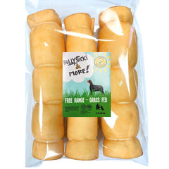 BULLYSTICKS & MORE Beef Cheek Rolls peanut butter 3-count pack promotes a long-lasting chew for dogs.