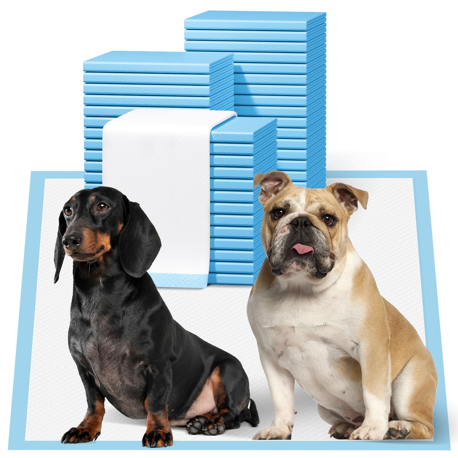 Bulubaky puppy pads front view showing large 23x23 size and bulk packaging