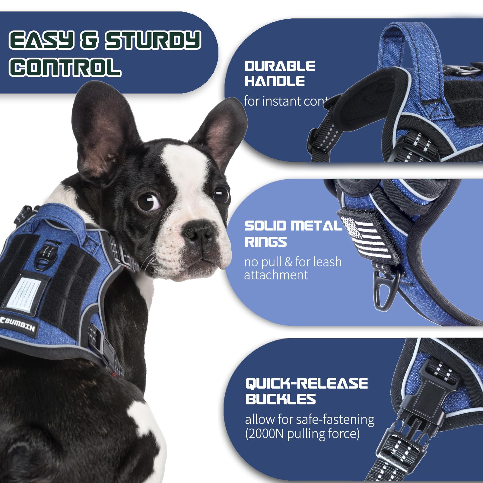 BUMBIN no-pull puppy harness detail highlights secure leash connection and built-in handle.
