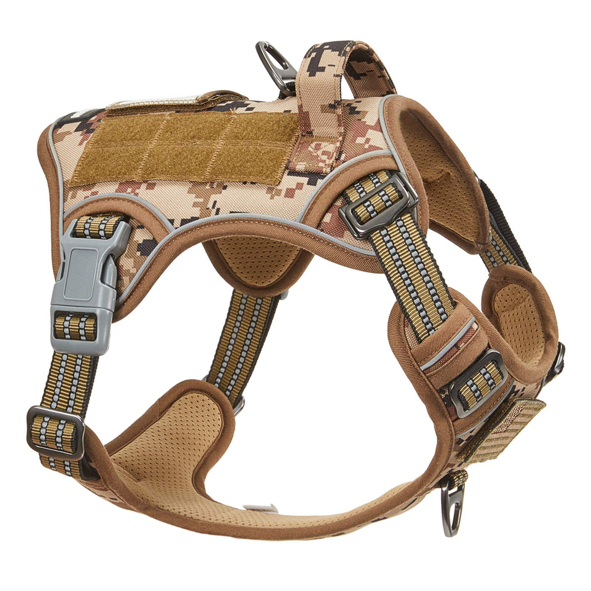 BUMBIN tactical dog harness Desert Camo with nesting buckle enables fast on/off for adventures